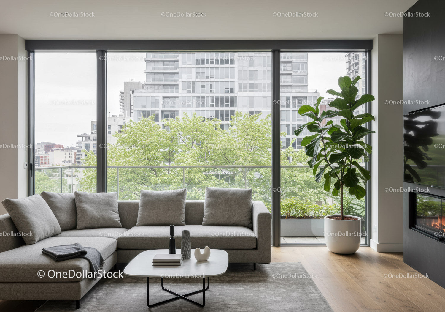 Bright Modern Living Room with Large Windows and Indoor Plant