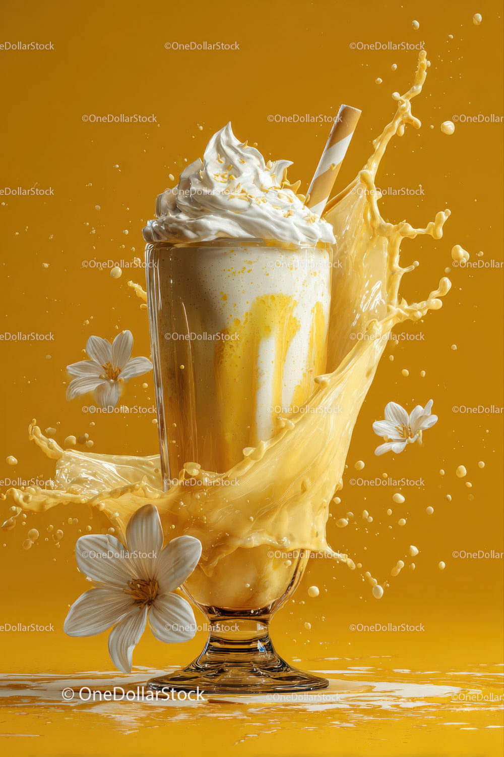 Vanilla Milkshake Splash with White Flowers and Straw