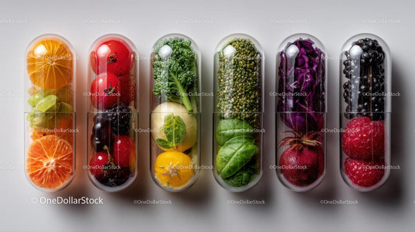 Colorful Assorted Fruits and Vegetables in Clear Capsules