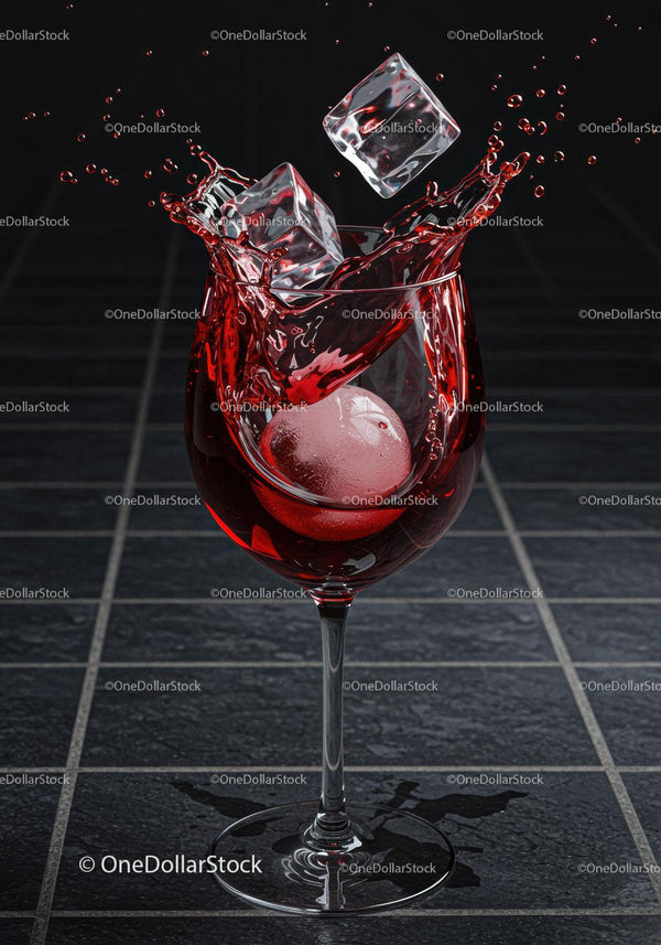 Wine Glass with Splash and Ice Cubes in Motion