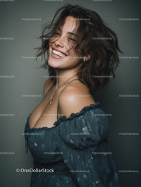 Happy Woman with Curly Hair Smiling in Studio Portrait