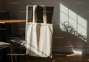 Natural light casting shadows on beige tote bag indoors