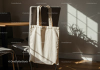 Natural light casting shadows on beige tote bag indoors