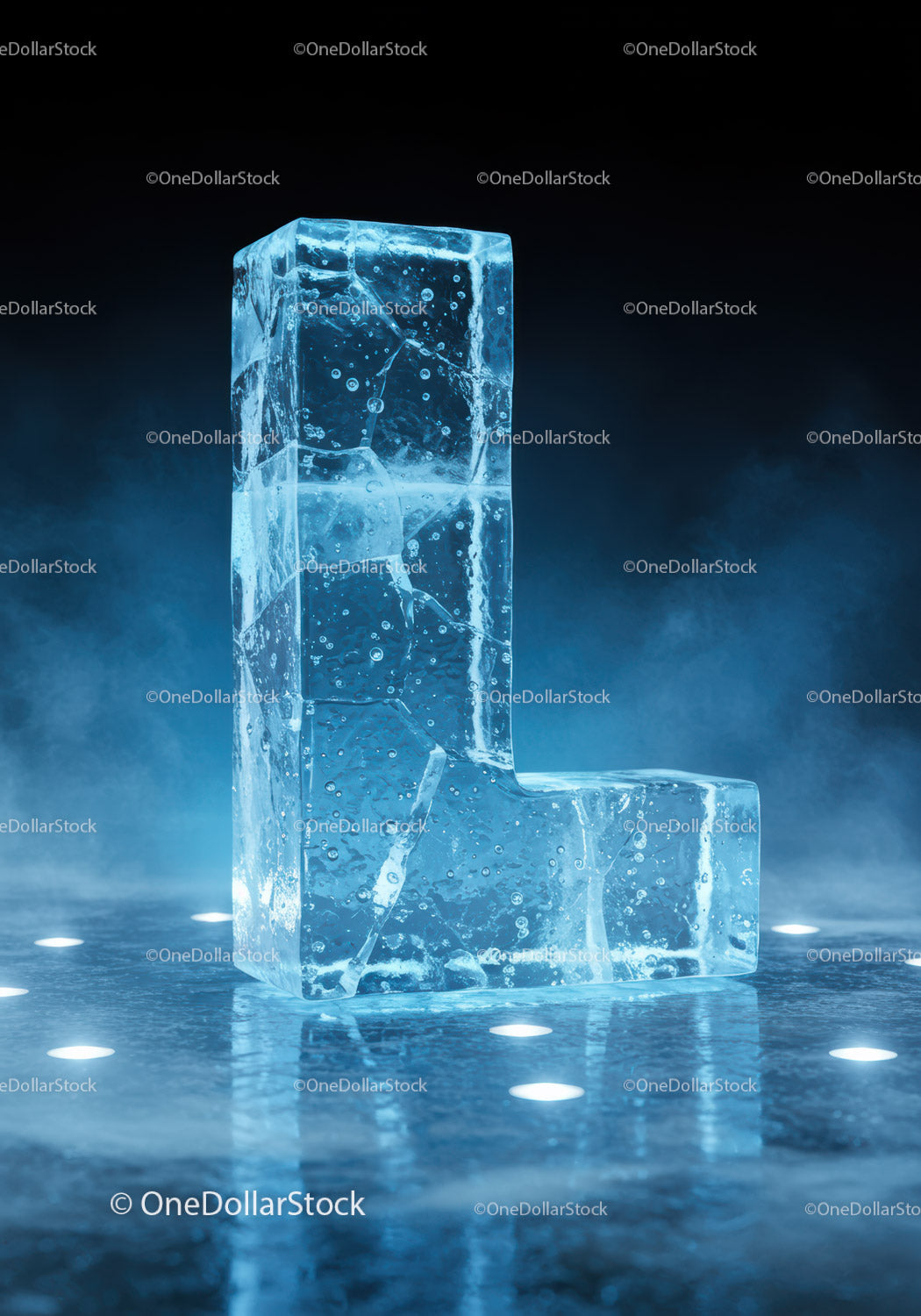 Transparent ice block shaped as letter L on reflective surface