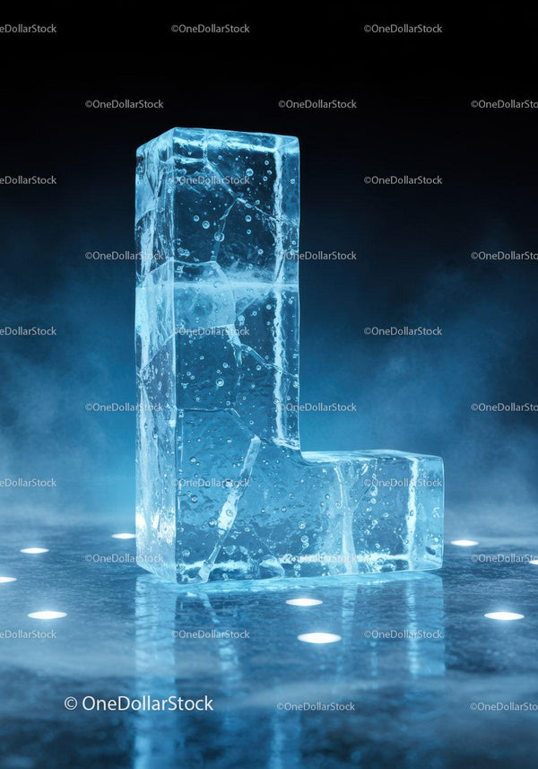 Transparent ice block shaped as letter L on reflective surface