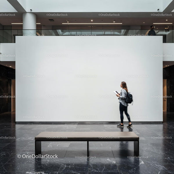 Woman walking past blank gallery wall in modern museum JPG Mockup Image