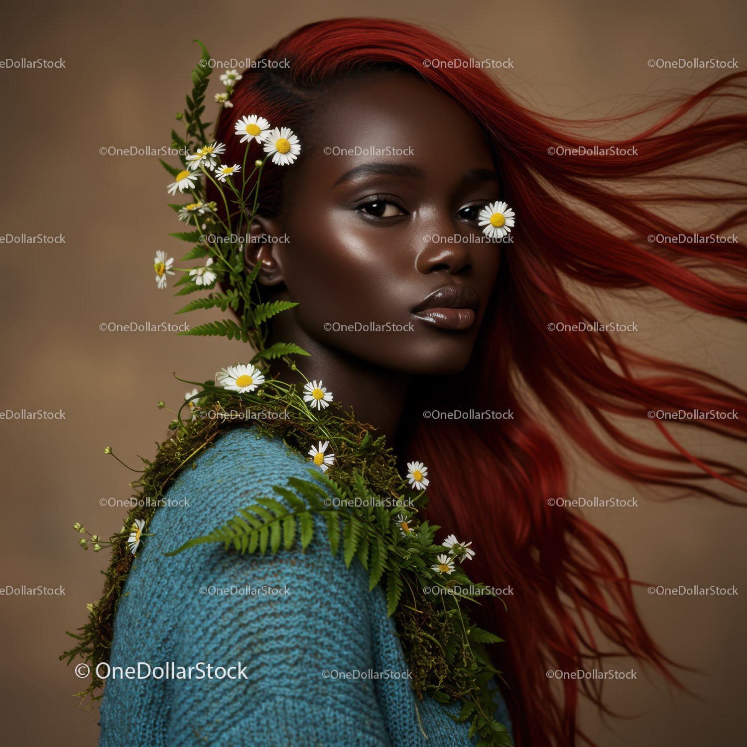 Elegant Portrait of a Woman with Flowing Red Hair and Botanical Accessories