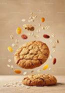 Oatmeal raisin cookies with flying raisins and oats