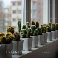 Variety of Potted Cacti and Succulents on Windowsill with Natural Light