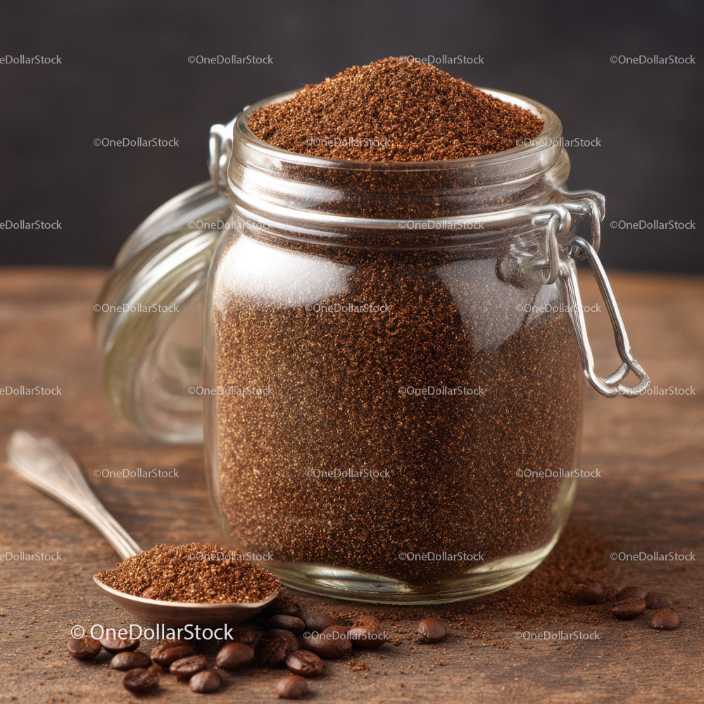 Glass Jar Filled with Coffee Powder and Beans on Wooden Surface