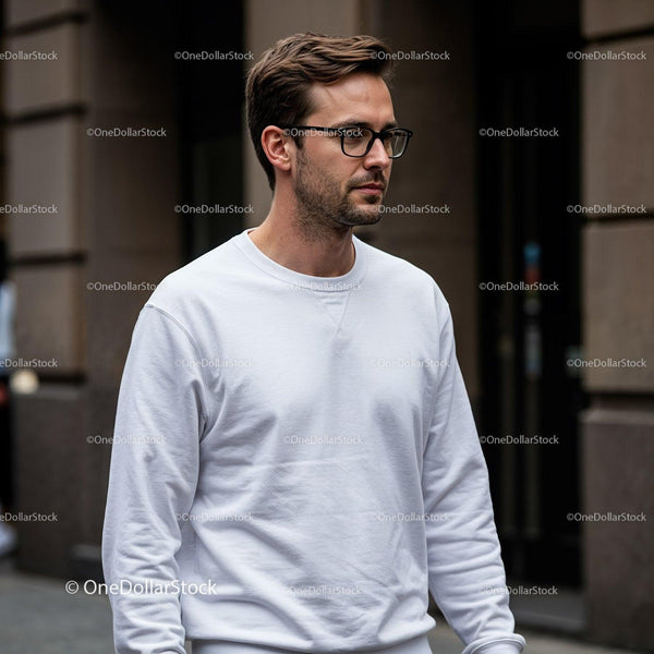Young man walking in city wearing white sweatshirt JPG Mockup Image
