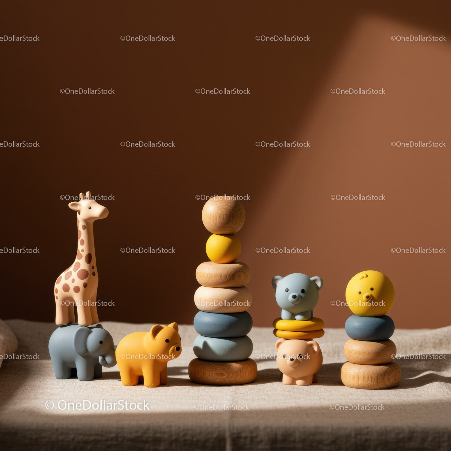 Wooden animal stacking toys in warm natural light