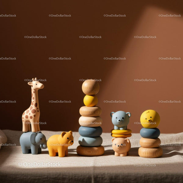 Wooden animal stacking toys in warm natural light