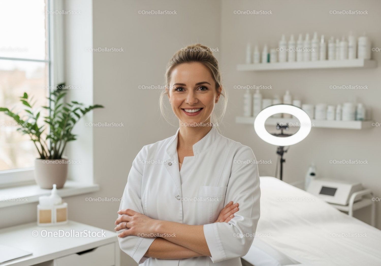 Smiling Female Esthetician in Modern Skincare Clinic With Bright Interior