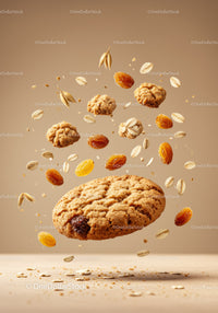 Oatmeal raisin cookie with scattered ingredients in air