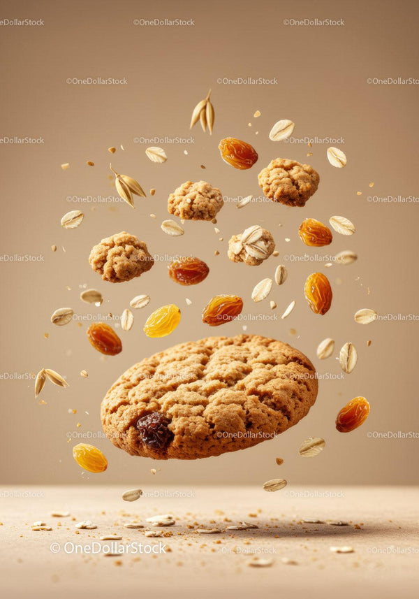 Oatmeal raisin cookie with scattered ingredients in air