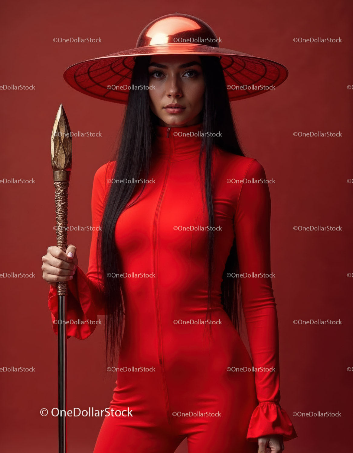 Elegant Woman in Red Dress with Accessories Against Red Background