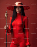 Elegant Woman in Red Dress with Accessories Against Red Background
