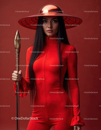 Elegant Woman in Red Dress with Accessories Against Red Background