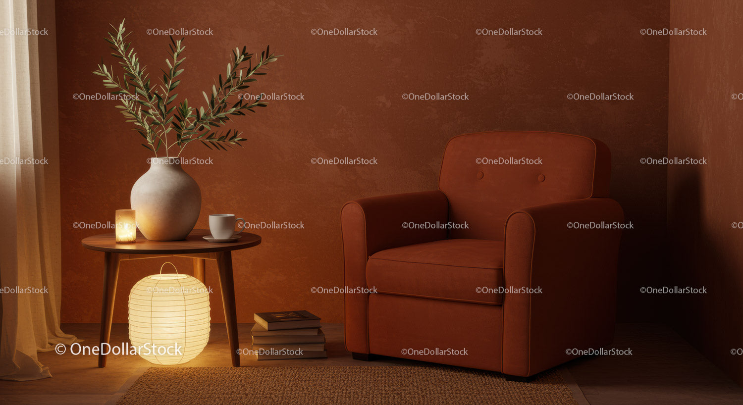 Cozy reading nook with armchair and soft lighting