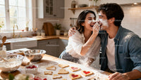 Couple Enjoying Baking Heart Cookies in Cozy Kitchen