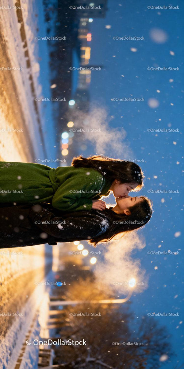 Couple sharing a tender kiss on a snowy winter evening
