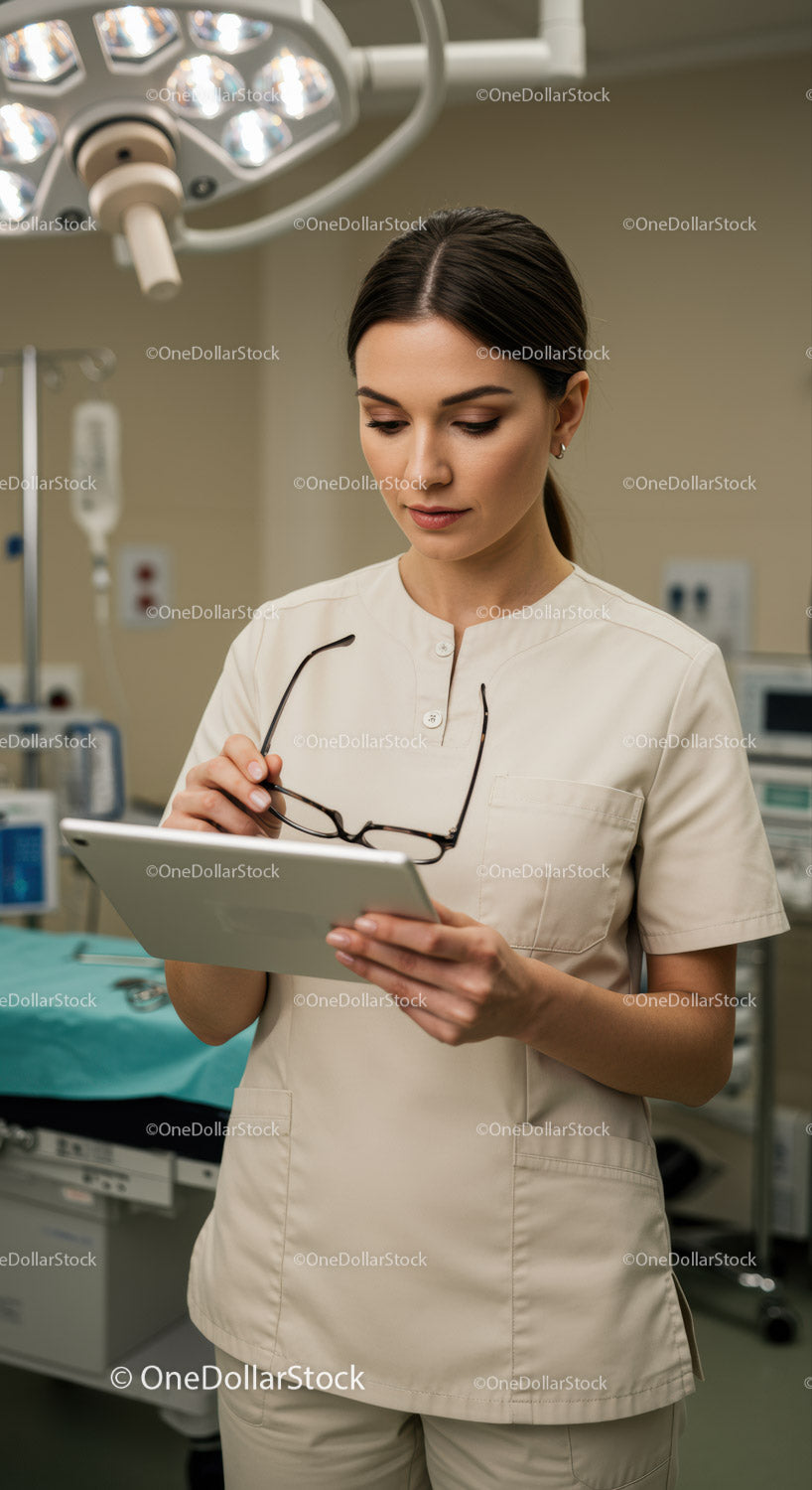 Female Nurse Using Tablet in Modern Hospital Medical Environment