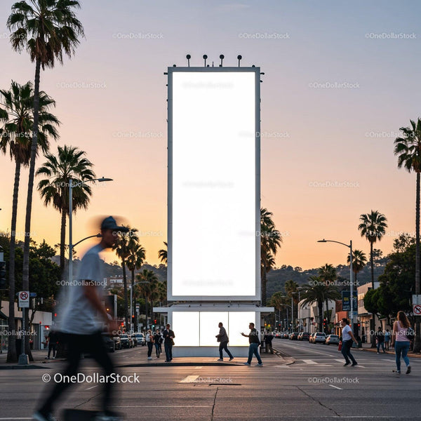 Busy street scene with blank billboard at sunset JPG Mockup Image