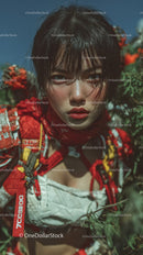 Young Woman in Red Hiking Gear Outdoors with Mountain Background