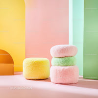 Bright Pink Armchair with Lime Green Cushion and Yellow Ottoman in Modern Living Room
