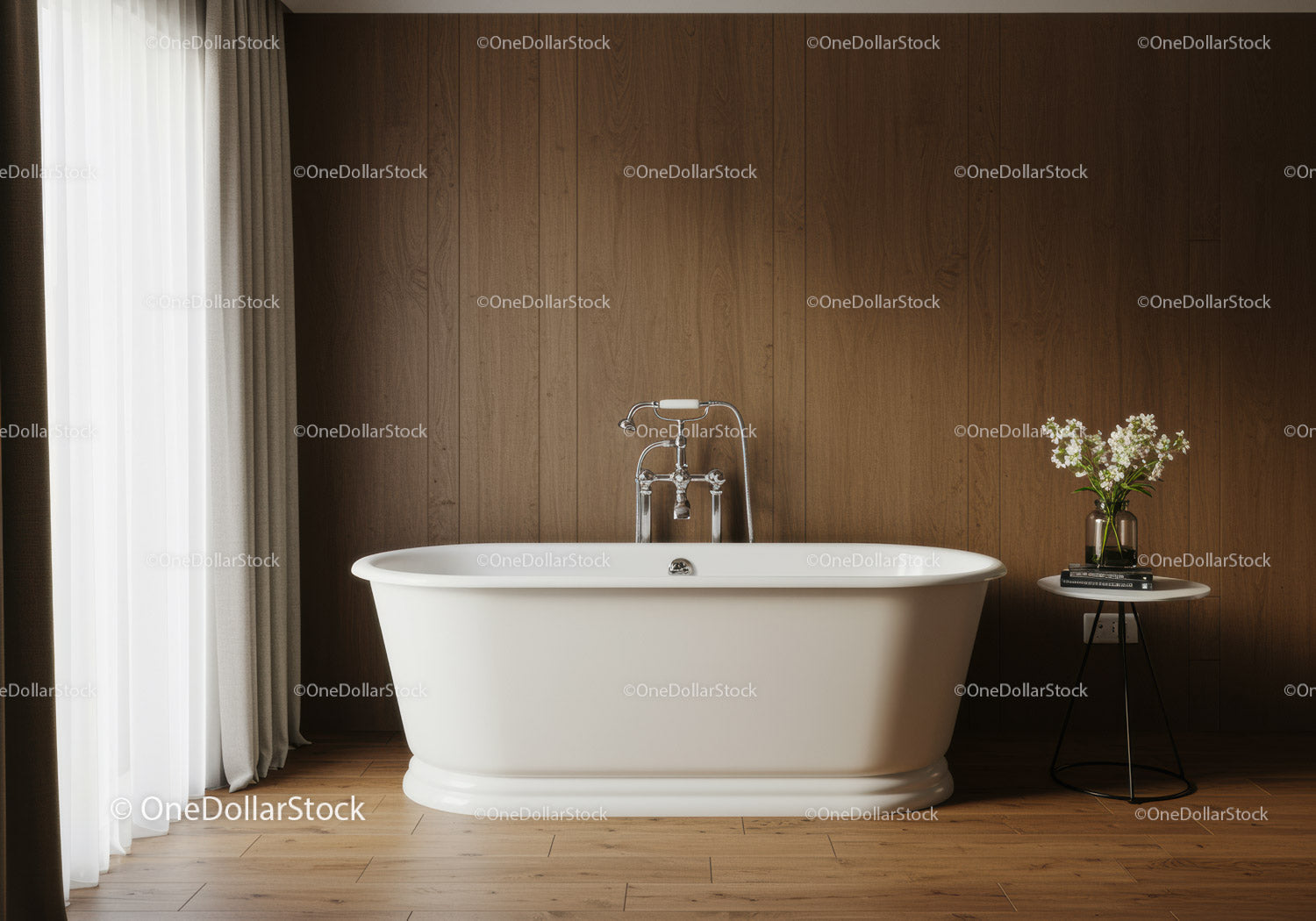 Elegancka biała wolnostojąca wanna w przytulnej drewnianej łazience