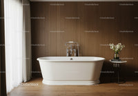 Elegant White Freestanding Bathtub in Cozy Wooden Bathroom