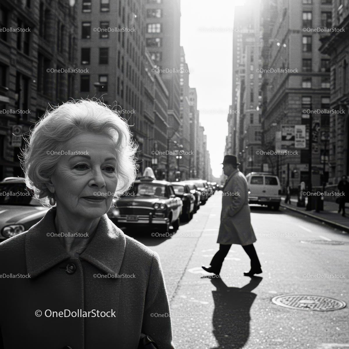 Elderly Woman in Busy City Street Surrounded by Vintage Cars