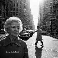 Elderly Woman in Busy City Street Surrounded by Vintage Cars