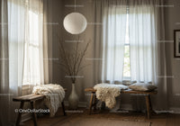 Cozy rustic benches with soft blankets in natural light
