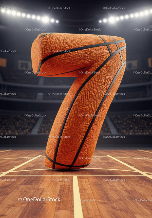 Number Seven Shaped as a Basketball on Court