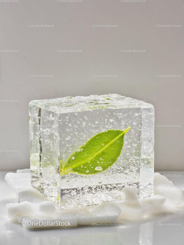 Fresh green leaf embedded in a clear ice cube