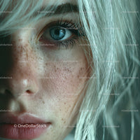 Close-up of Blue Eye with Freckles and Blonde Hair
