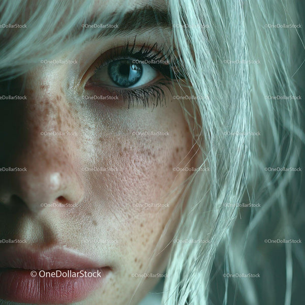 Close-up of Blue Eye with Freckles and Blonde Hair