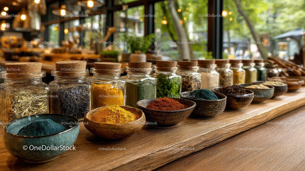 Colorful Spice Jars and bowls on Wooden Kitchen Countertop
