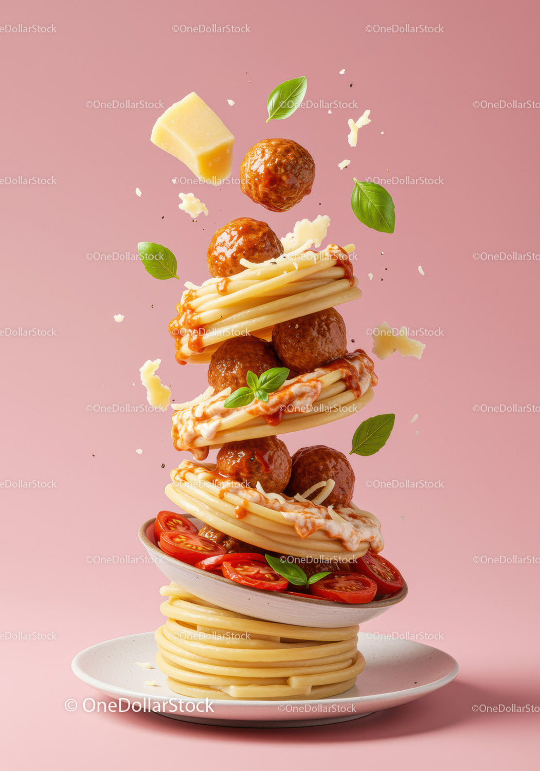 Floating spaghetti and meatballs with fresh basil and cheese