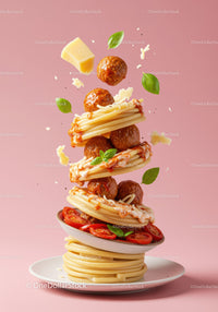 Floating spaghetti and meatballs with fresh basil and cheese