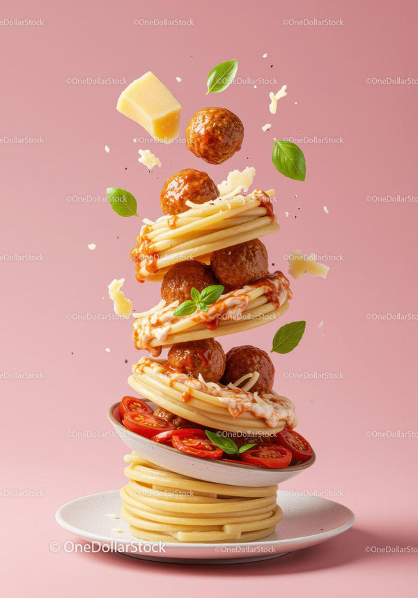 Floating spaghetti and meatballs with fresh basil and cheese