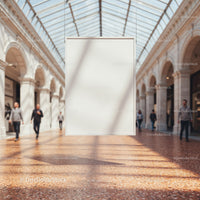 Blank hanging board in bright airy shopping gallery