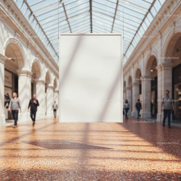 Blank hanging board in bright airy shopping gallery JPG Mockup Image