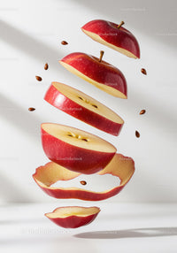 Sliced red apple with seeds and peel floating midair