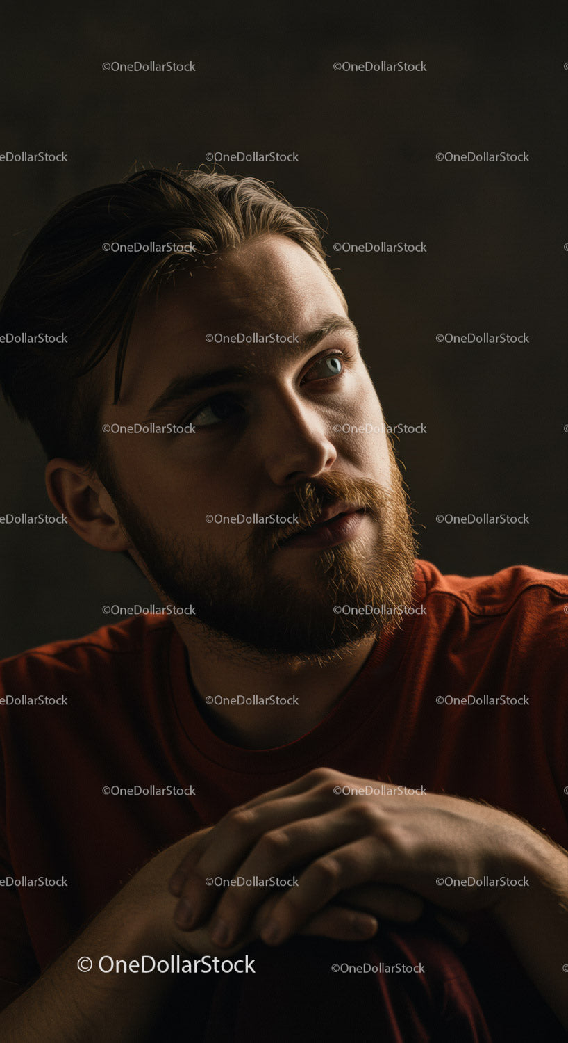 Portrait of Young Man with Contemplative Expression in Dark Background