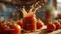 Fresh Cherry Tomatoes and Tomato Sauce in a Glass Jar with Splash Effect
