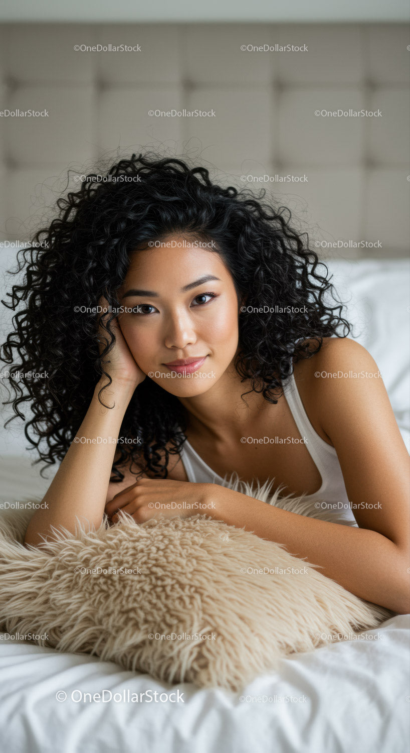 Relaxed young woman lying on bed with fluffy pillow