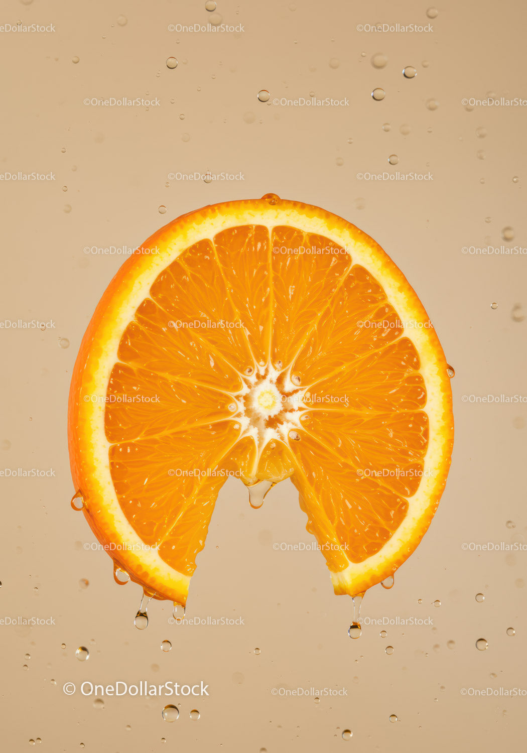 Fresh juicy orange slice dripping with water droplets
